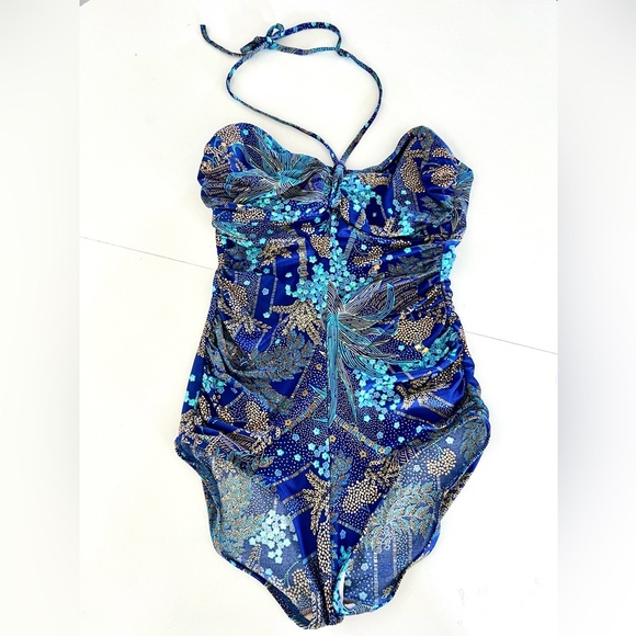 Vintage‎ 70s DeWeese Design Halter Tie Blue Tropical Swimsuit - Picture 3 of 12